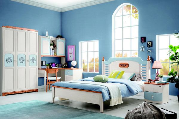 Schlofzëmmer Set 5tlg. Bett 2x Nuetsdësch Schreifdësch Kannerbett Vollholz Miwwelen
