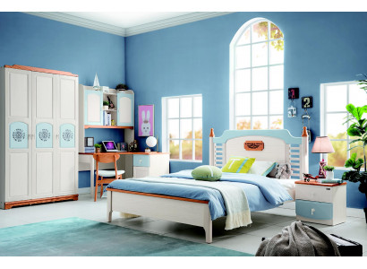 Schlofzëmmer Set 5tlg. Bett 2x Nuetsdësch Schreifdësch Kannerbett Vollholz Miwwelen