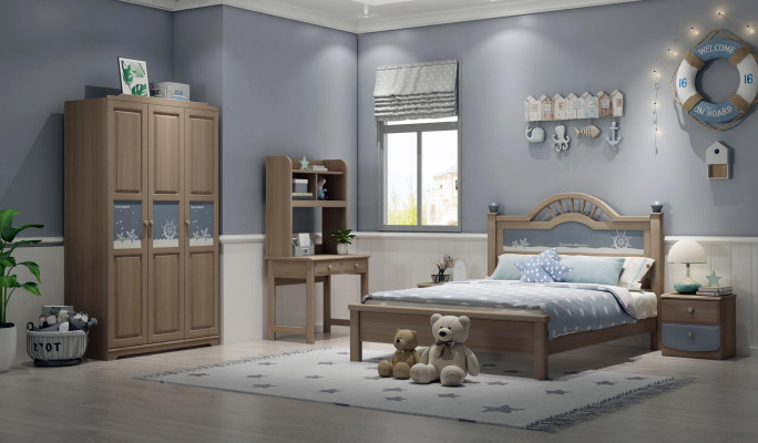 Jugend Kannerzëmmer Set Schlofkummer Modern Schaf Bett Nuetsdësch Dësch 5 Deeler.