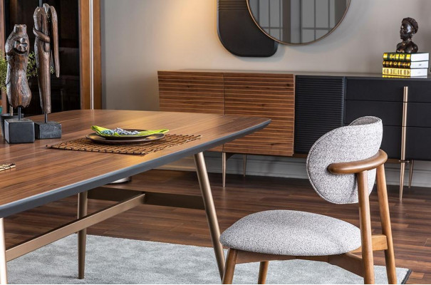 Iessgrupp Iesszëmmer Iessdësch Still Sideboard Set 7-delig Holz Braun Nei