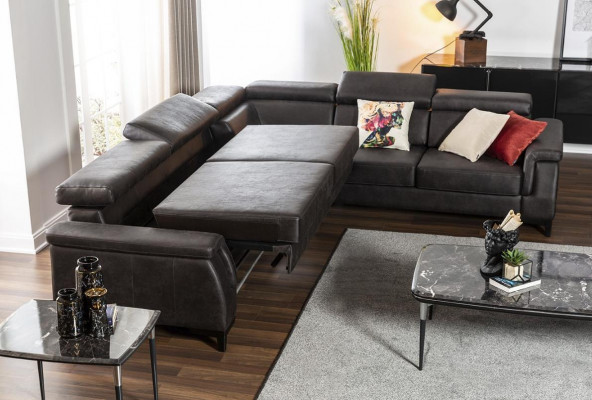 Eck-Couch L-Form Couch Couches Ledercouch Schwaarz Schlofffunktioun Wunnlandschaft