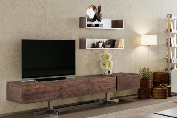 Luxuriéisen TV-Schaf am modernen Stil aus strapazéierbaren Holz.