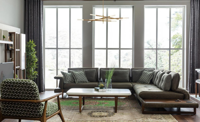 Wunnzëmmer Set Luxus Miwwelen L-Form Sofa Fautteuil Textil Miwwelen Set Nei