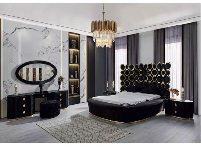 Komplett Schlofkummer Set Luxusbett 2x Nuetsdëscher Schminkdësch Spigel 5 Deeler