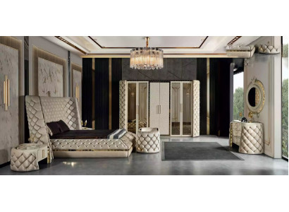 Schlofzëmmer Set Chesterfield Miwweldesign Bett Kleederschaf Spigel 7 Stécker.