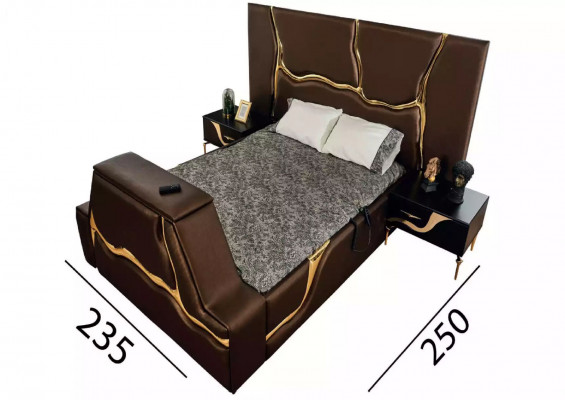 Luxus Schlofzëmmer Set Bett Nuetsdësch Gold Schminkdësch Nuetsdëscher 5 Stécker.
