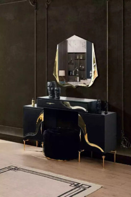 Luxus Schlofzëmmer Set Bett Nuetsdësch Gold Schminkdësch Nuetsdëscher 5 Stécker.