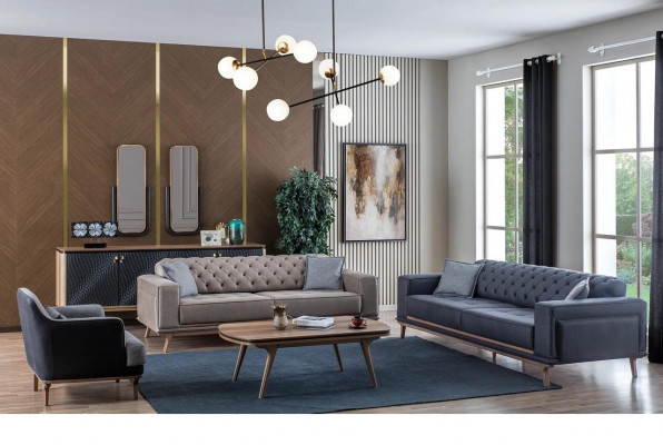 Luxus Modern Wohnzimmer Set 4-Deeler 4-Sëtzer Fauteuil Dësch Still Miwwelen aus Holz