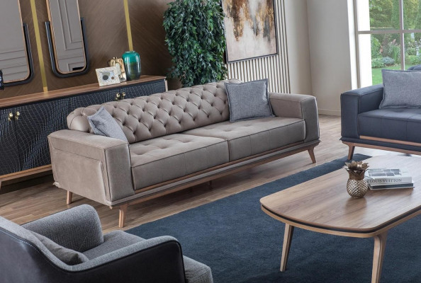 Luxus Modern Wohnzimmer Set 4-Deeler 4-Sëtzer Fauteuil Dësch Still Miwwelen aus Holz