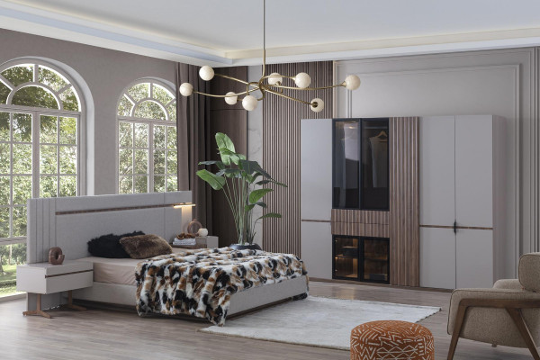Schlofzëmmer Set Luxus Design Bett 2x Nuetsdësch Kleederschaf 4tlg Nei
