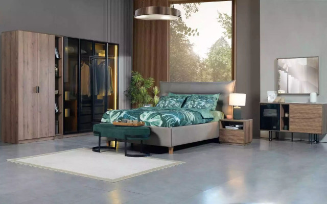Schlofzëmmer Set Loft Design Bett Schafschaf Bette Kommode Nuetsdësch 5-dësch.