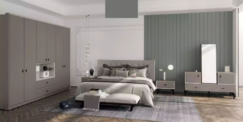 Grau Schlofzëmmer Garnitur Designer Bett Kommode Kleederschaf Luxus 5-Deeler