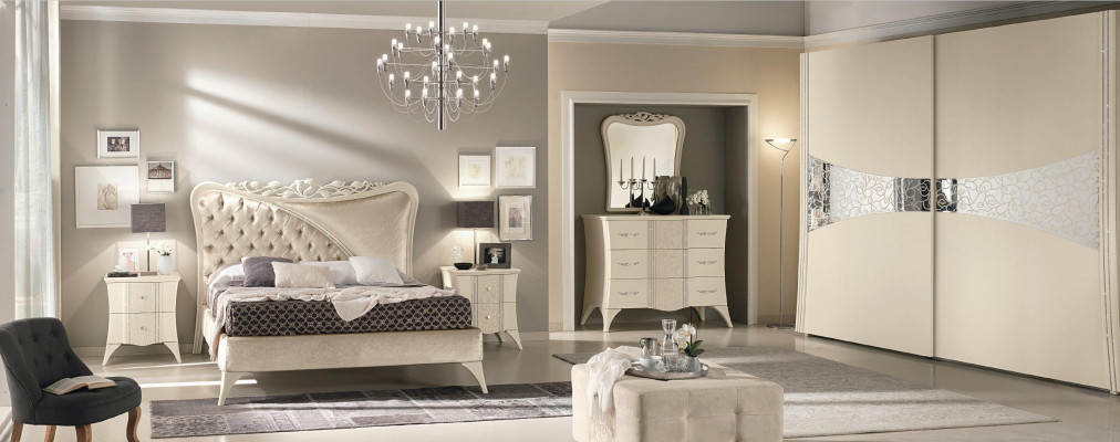 Schlofkummer Bett Nuetsdësch Konsole Kleederschaf Modern Holz Luxus Set 6 Deeler.