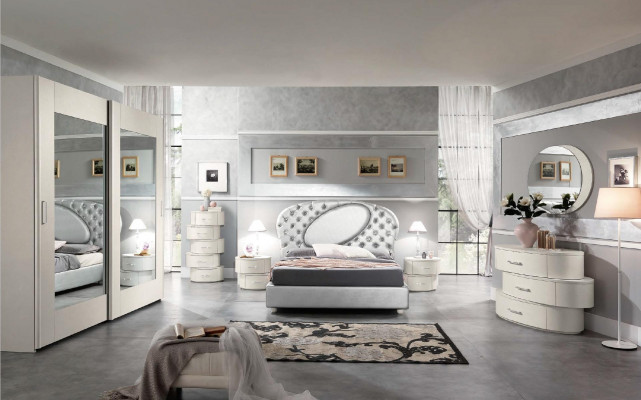 Luxus Set 7-deelech Schlofkummer Bett Nuetsdësch Kommode Spigel Kleederschaf Nei