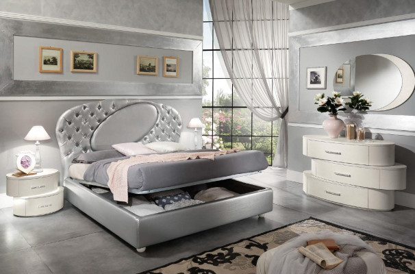 Luxus Set 7-deelech Schlofkummer Bett Nuetsdësch Kommode Spigel Kleederschaf Nei