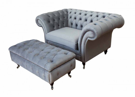Chesterfield Ouerensëtz Pouf Sëtz Canapé Polster Set Gro Textil