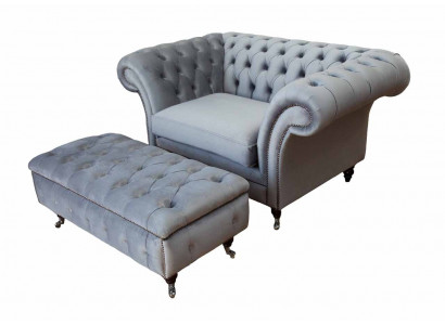 Chesterfield Ouerensëtz Pouf Sëtz Canapé Polster Set Gro Textil
