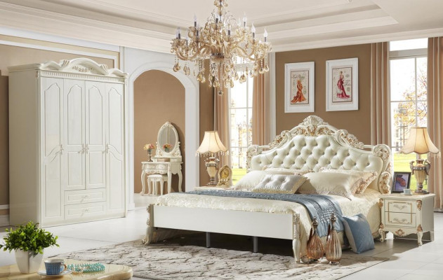Bett Nospëtztësch Garde-robe Luxus 4 Komponenteschlofzëmmer Set Design