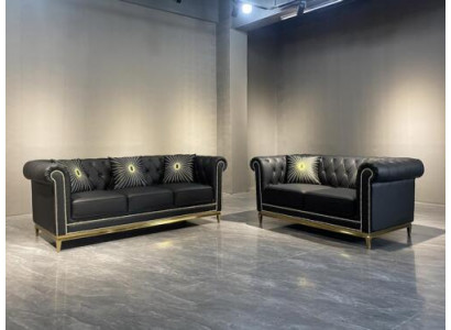 Schwaarz Chesterfield Wunnzëmmer Canapé Garnitur Luxus Set 3+2 Sëtzer 2dél.