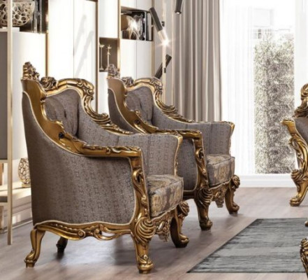 Eeen luxuriéise klassesche Oueresessel a donkelgréng mat gëllenen Barockdesign vu Chesterfield