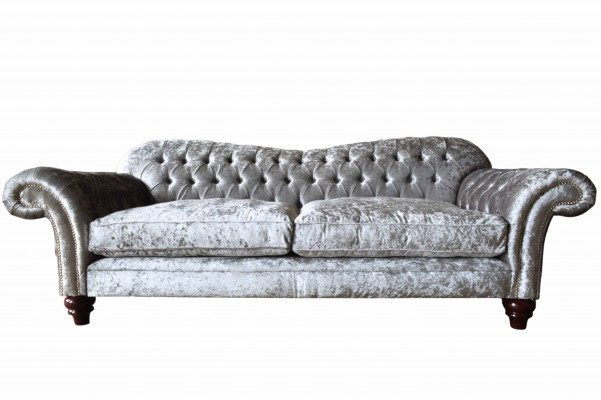 Chesterfield Canapé Téin Samt Stoff Sofa Miwwelen Design 3 Sëtzer Lila