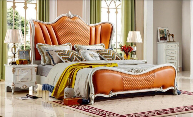 Bett Klasseschlafzëmmer Chesterfield Orange 2x Nuetsdësch 3tlg Holz
