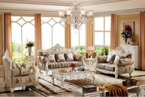 Sofa 2-Sëtz Beige Luxus Polster Stoff Wunnzëmmer Klassesch Couch