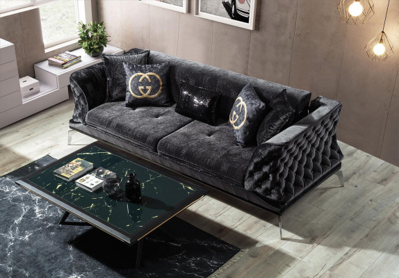 Schwaarz Couch Canapé Garnitur 3+1 Sëtz Chesterfield Wunnzëmmer Polster
