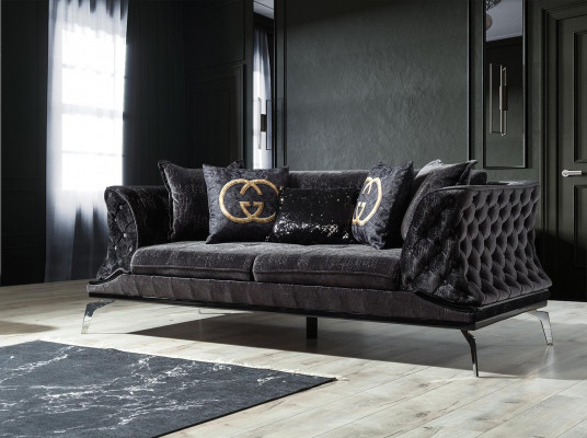 Schwaarz Couch Canapé Garnitur 3+1 Sëtz Chesterfield Wunnzëmmer Polster