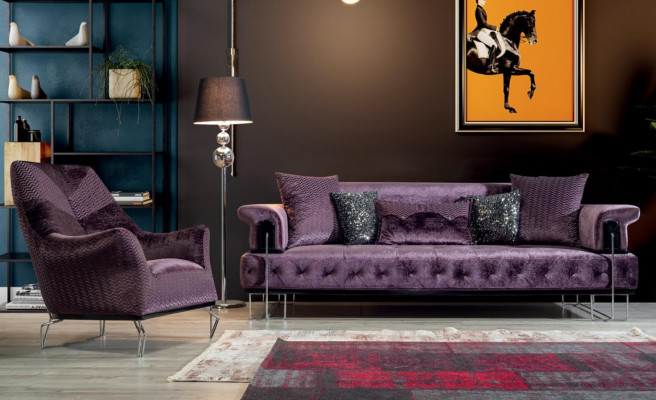 Lila Sofa Garnitur 3+1 Sëtz Chesterfield Wunnzëmmer Polster