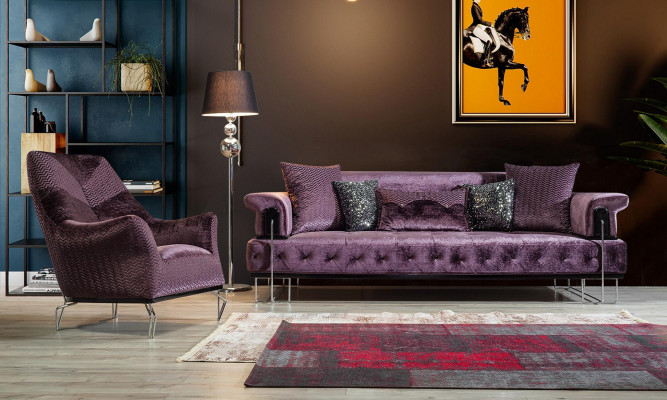 Lila Sofa Garnitur 3+1 Sëtz Chesterfield Wunnzëmmer Polster