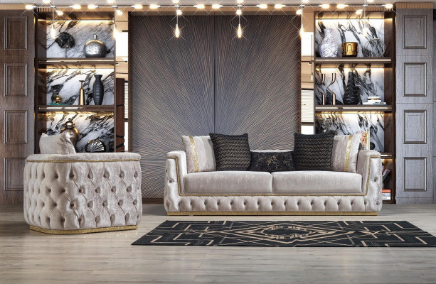 Luxus Chesterfield Canapé-Set 3+1 Sëtz Canapé Polsterméiwer Samt Gold