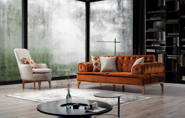 Sofagarnitur Garnitur Sofaen Sofa Fotell Dräisëtzer 3+1 Sëtzer Orange