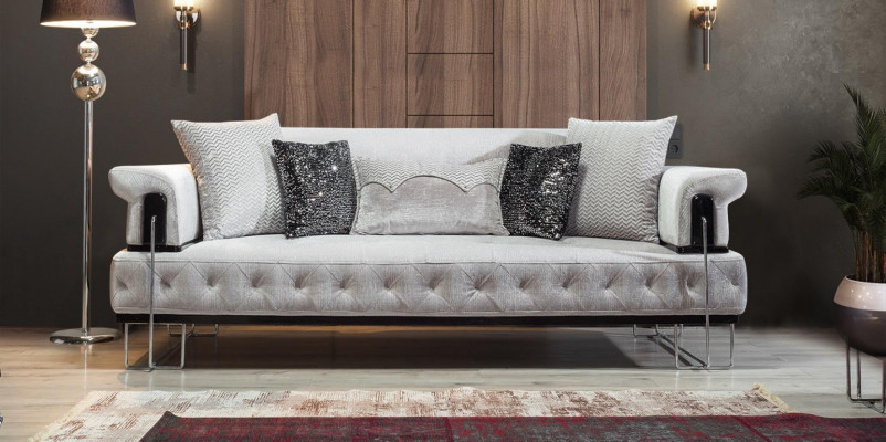 Polster Miwwelen Dräisëtzer Canapé 3-Sëtzer Couchen Wäiss Metall mat Textil