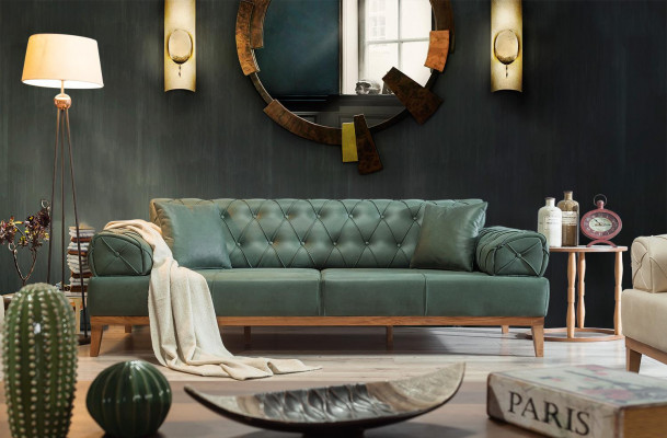 Chesterfield Canapé 3 Sëtz Canapéen Dräisëtzer Gréng Nei Textil Holz 220cm