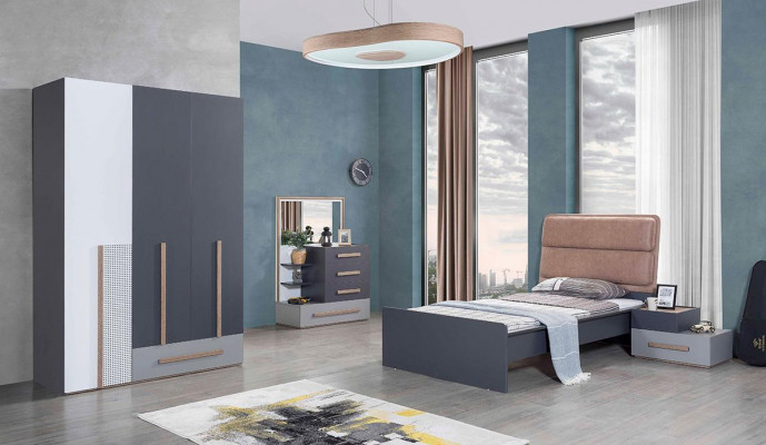 Jugendzëmmer Set Grau Bett Nuetsdësch Kleederschaf Design Nei 4tlg.