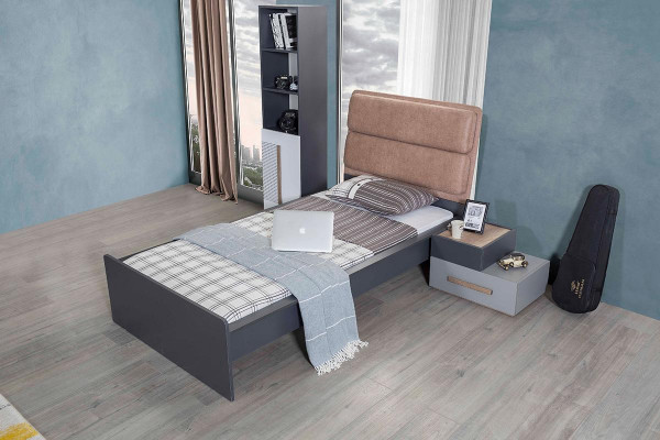 Jugendzëmmer Set Grau Bett Nuetsdësch Kleederschaf Design Nei 4tlg.