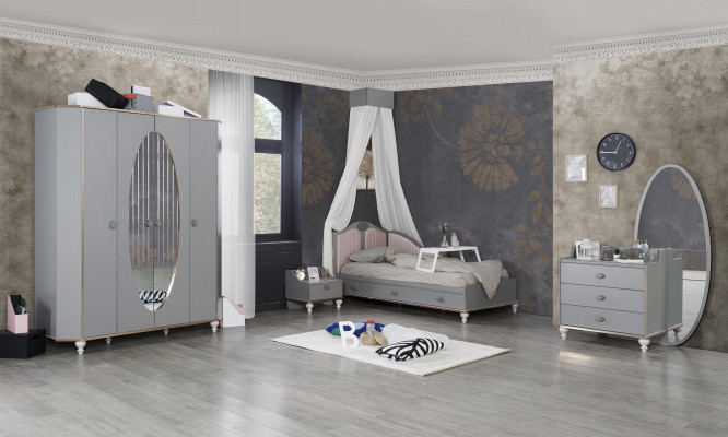 Bett Nuetsdësch Schlofkummer Set Designer Luxus Better Komplett 2 Deeler.