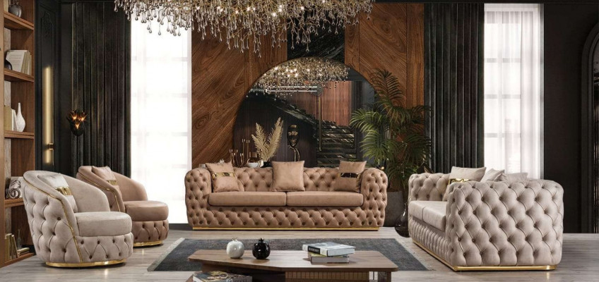 Chesterfield Sofa Garnitur 3+3+1+1 Sëtzer Garnitur Sofa Fauteuil Sofasen Lieder Beige