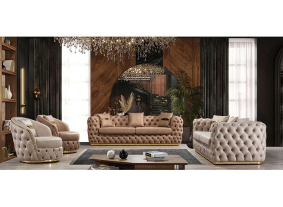Chesterfield Sofa Garnitur 3+3+1+1 Sëtzer Garnitur Sofa Fauteuil Sofasen Lieder Beige