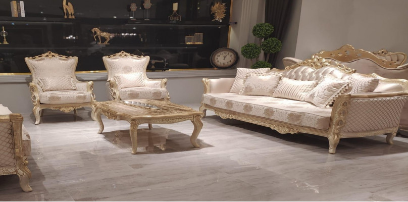 Sofagarnitur 3+1+1 Sëtzer Couchtisch Sofa Fauteuil Sofas Garnitur Set Gold Stil