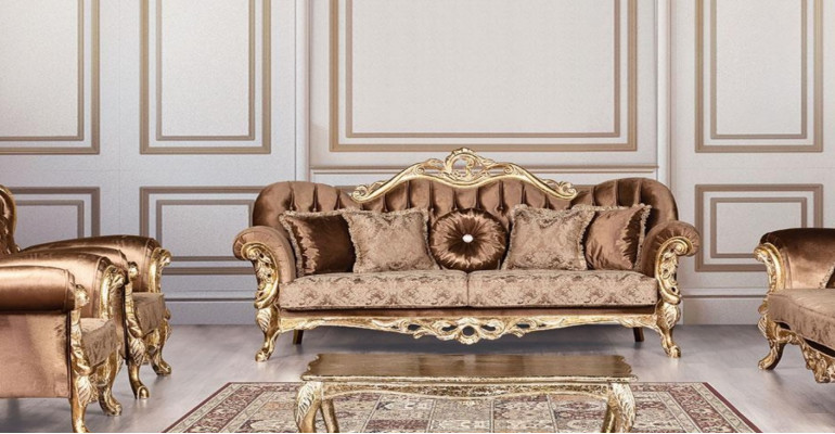 Luxus Dräisëtzer Canapé 3 Sëtzer Barock Rokoko Canapé Canapéën Fauteuil Stoff Stil Miwwelen