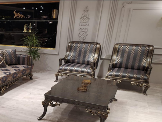 Ohrensessel Sëtz Design Polstersofa Canapé Stoff Barock Wunnzëmmer Blo