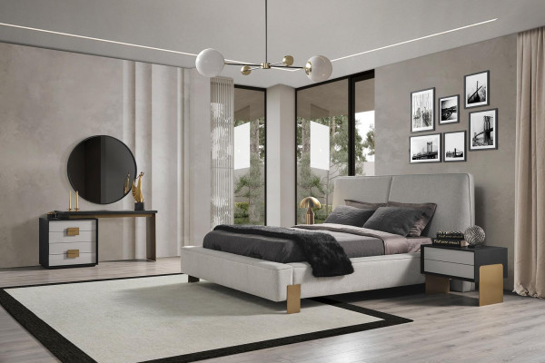 Schlofzëmmer Set Bett 2x Nuetsdëscher Schminckdësch Luxus nei 5tlg
