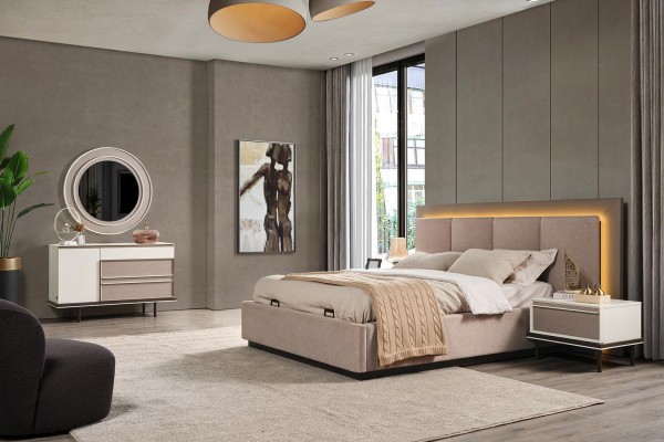 Schlofkummer Set Bett 2xNuetsdëscher Schminktisch Luxus nei 5-Stéck Design