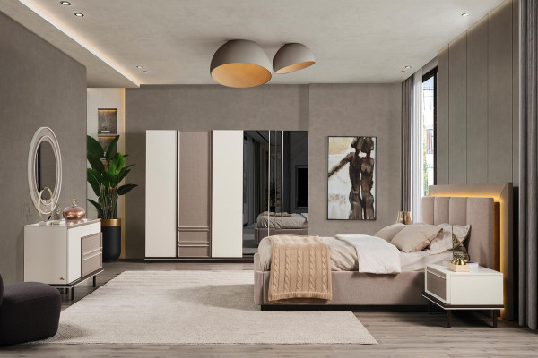 Schlofzëmmer-Set Bett 2x Nuetsdëscher Schminktisch Luxus nei 6-tlg Design