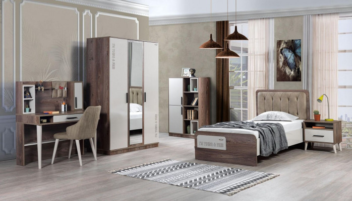 Komplett 5-Deeler Kannerzëmmer Set Modern Jugendzëmmer Braun Holz Bett