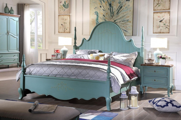 Sanft Blo Schlofzëmmermiwwel-Suite aus Massivholz am Landhausstil