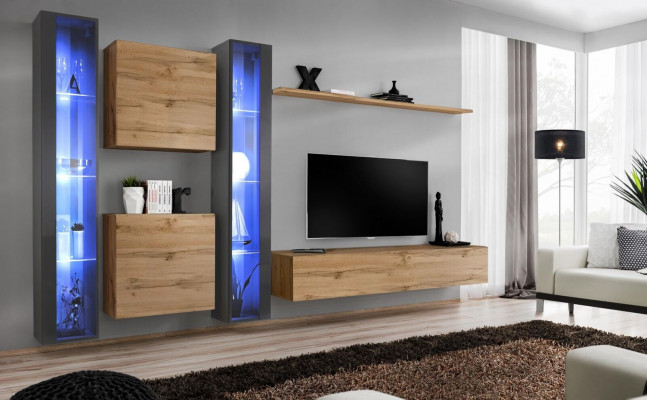 Komplett brong Wohnwand Set hänkend Vitrin Wandschränk Ariichtung Modern Design
