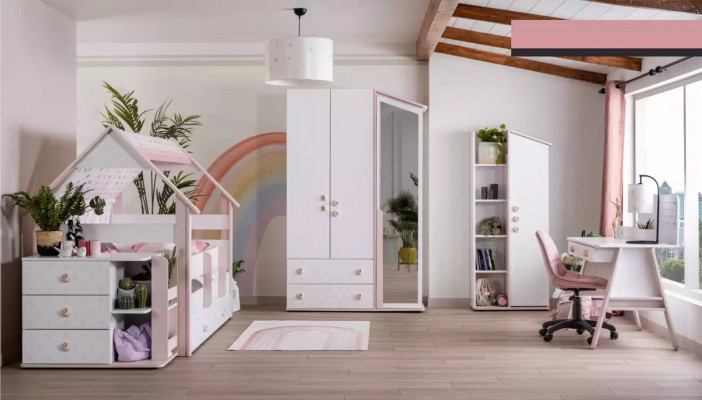 Funktiounsbett Komplett Bett Kannermeubel Kannerzëmmer Rosa 6tlg Holz
